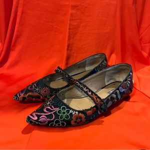 Tahari Park Embroidered Floral Pointed Toe Mary Jane Flats